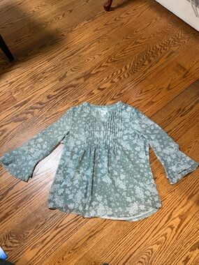 Sage Green Floral Pintuck Peasant Blouse
